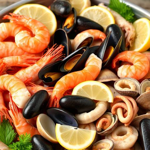 Bandeja de mariscos frescos con gambas, langostinos, mejillones, almejas y calamares, decorada con rodajas de lim&oacute;n.