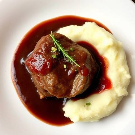 Carrillera de cerdo estofada al vino tinto, acompa&ntilde;ada de pur&eacute; de patatas trufado.