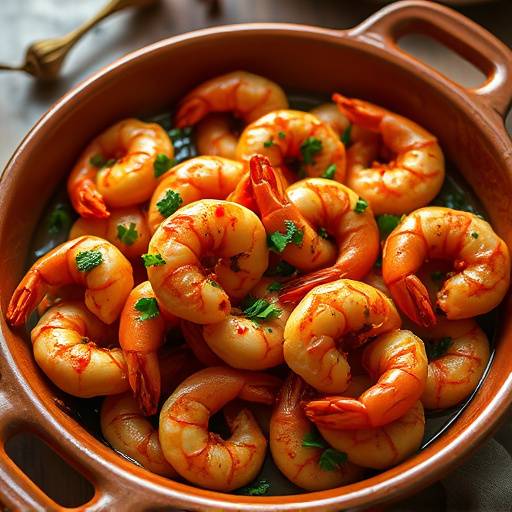 Gambas al ajillo, cocinadas en aceite de oliva con ajo, perejil y un toque de guindilla, servidas en una cazuela de barro.