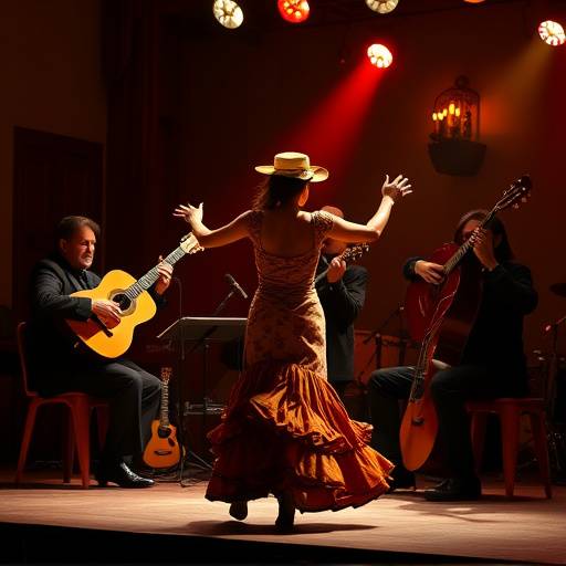 Imagen de un show de flamenco con una bailarina y m&uuml;sicos.