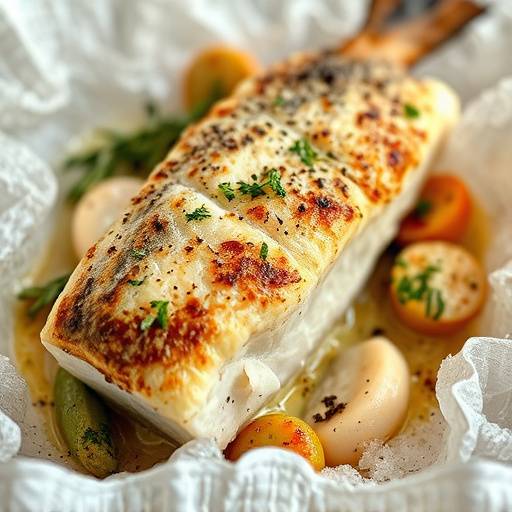 Lubina a la sal, cocinada al horno en una costra de sal, acompa&ntilde;ada de verduras de temporada.