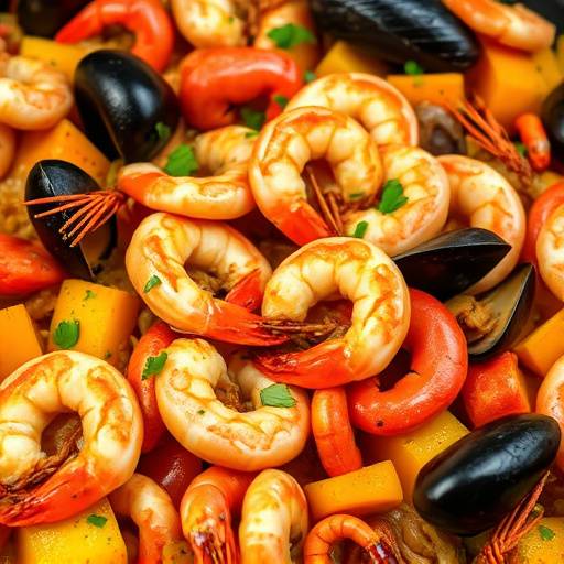 Paella de mariscos valenciana, con gambas, mejillones, calamares y arroz bomba, cocinada a la perfecci&oacute;n.