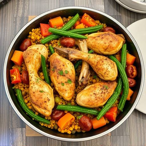 Paella Valenciana tradicional servida en una paellera con arroz, pollo, conejo, garrof&oacute; y jud&iacute;as verdes.