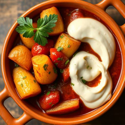 Patatas bravas servidas en una cazuela de barro, con salsa brava y alioli
