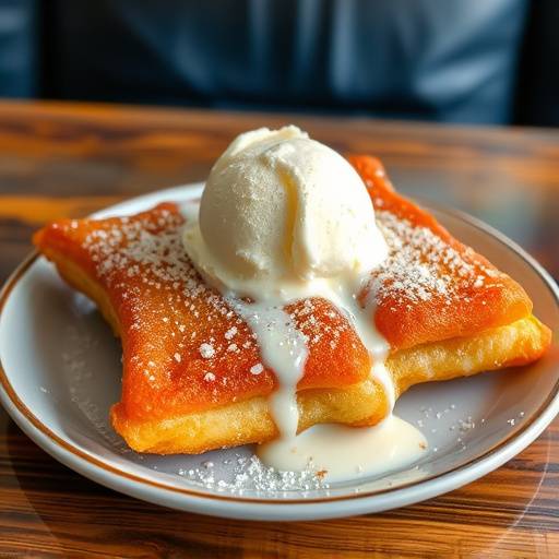 Torrijas con helado de vainilla, un postre tradicional espa&ntilde;ol de pan frito empapado en leche y huevo.
