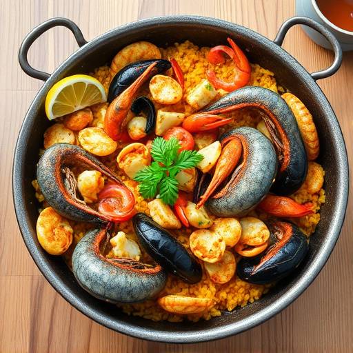 Una deliciosa paella valenciana con mariscos frescos y arroz